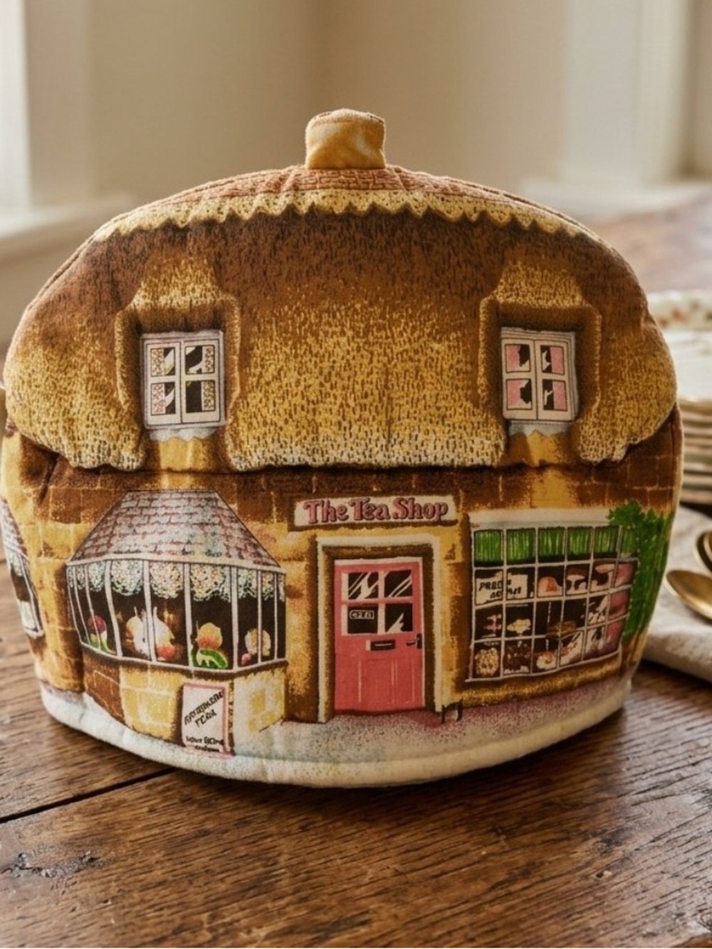 Quilted Cottage Teapot Cozy in Warm Yellow and Brown. THE TEA SHOP